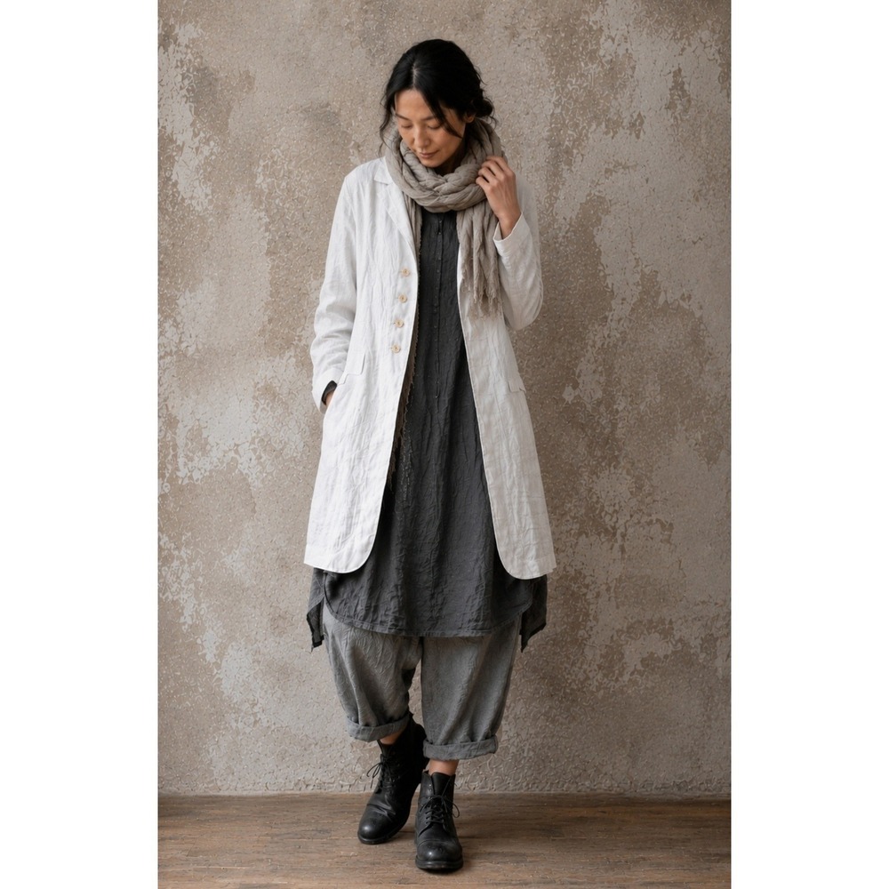 Pas de Calais 100% Linen Long Coat Garment Dyed Lagenlook Jacket Japan Made 40